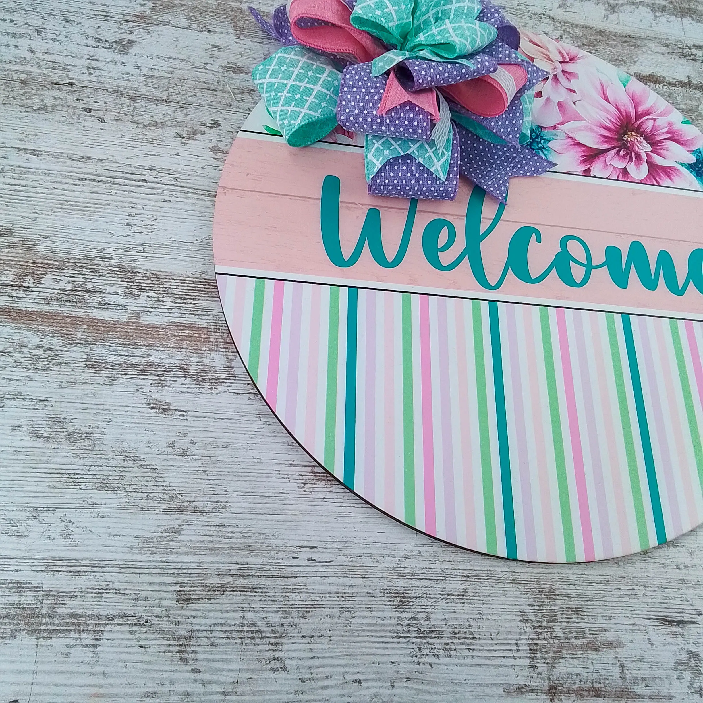 Spring Door Hanger, Pastel Welcome Sign, Birch Wood Floral Decor