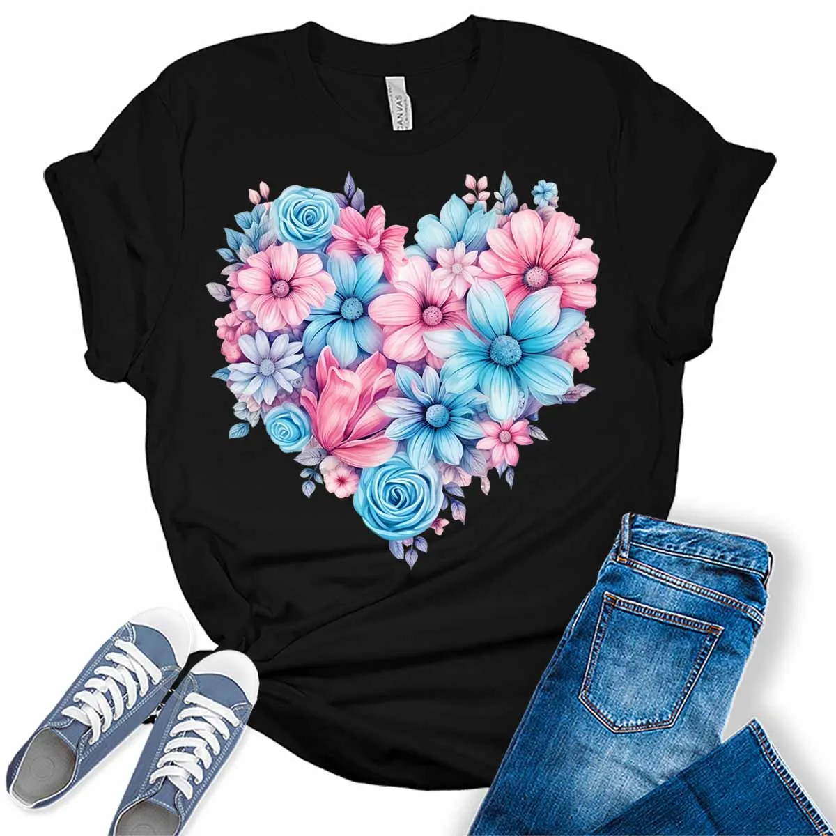 Spring Floral Blue and Pink Summer Flowers Womens Graphic Tees