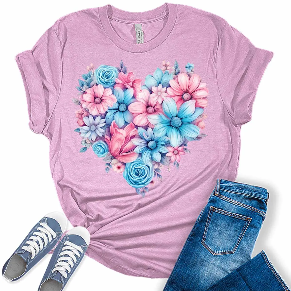 Spring Floral Blue and Pink Summer Flowers Womens Graphic Tees