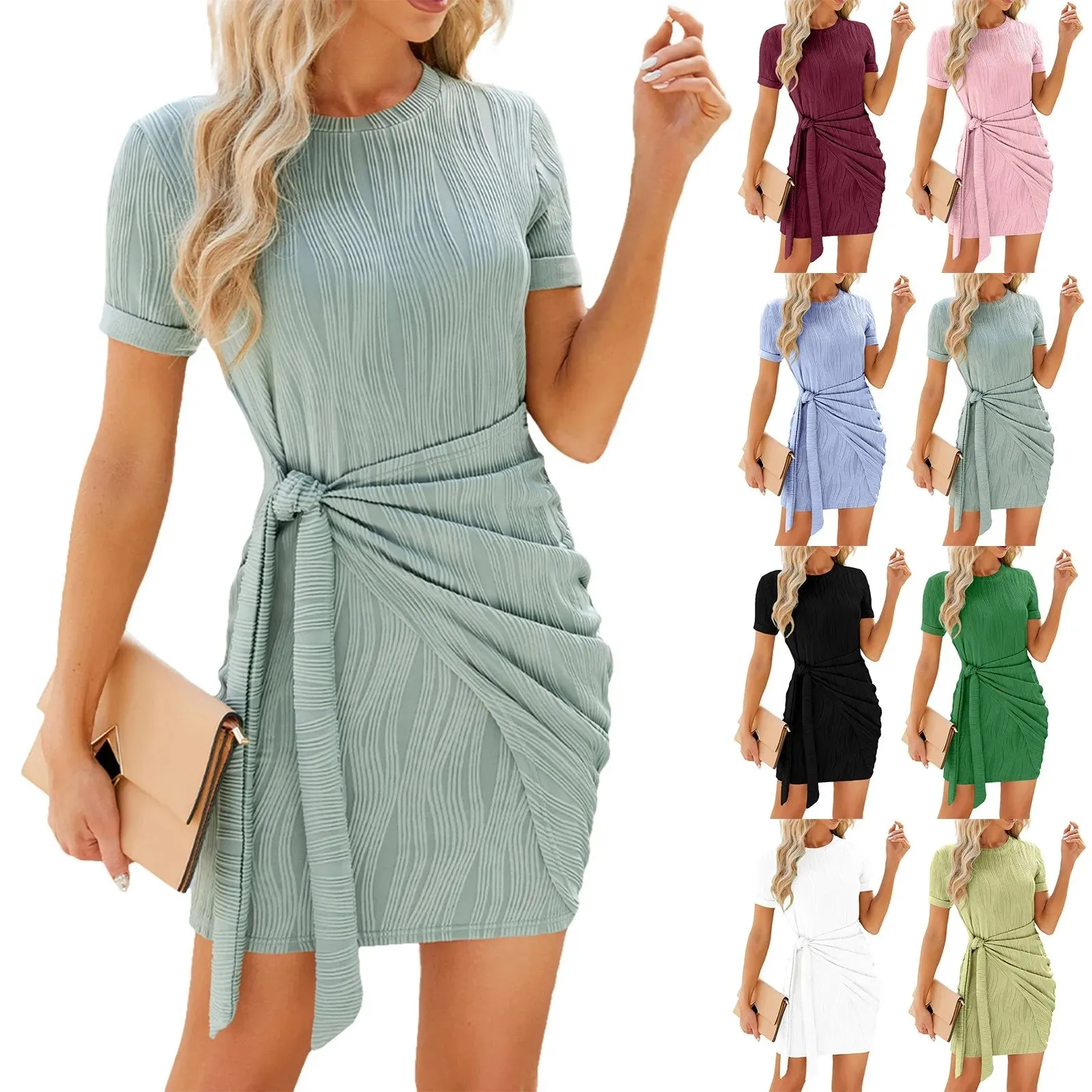 Spring French Round V-neck Pleated Tie Up Waist Slim Wrap Hip Midi Dress