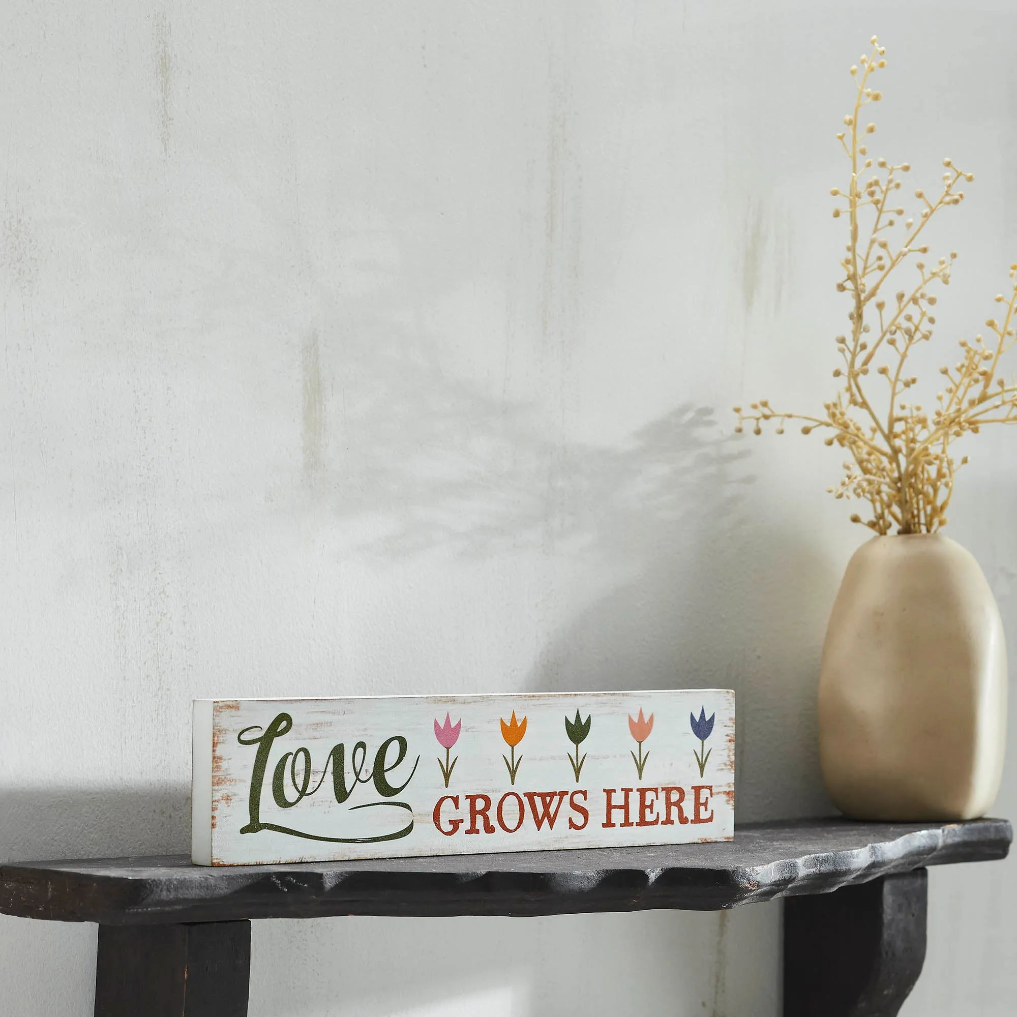 Spring In Bloom Love Grows Here w/ Tulips MDF Wall Sign 3x12x0.75