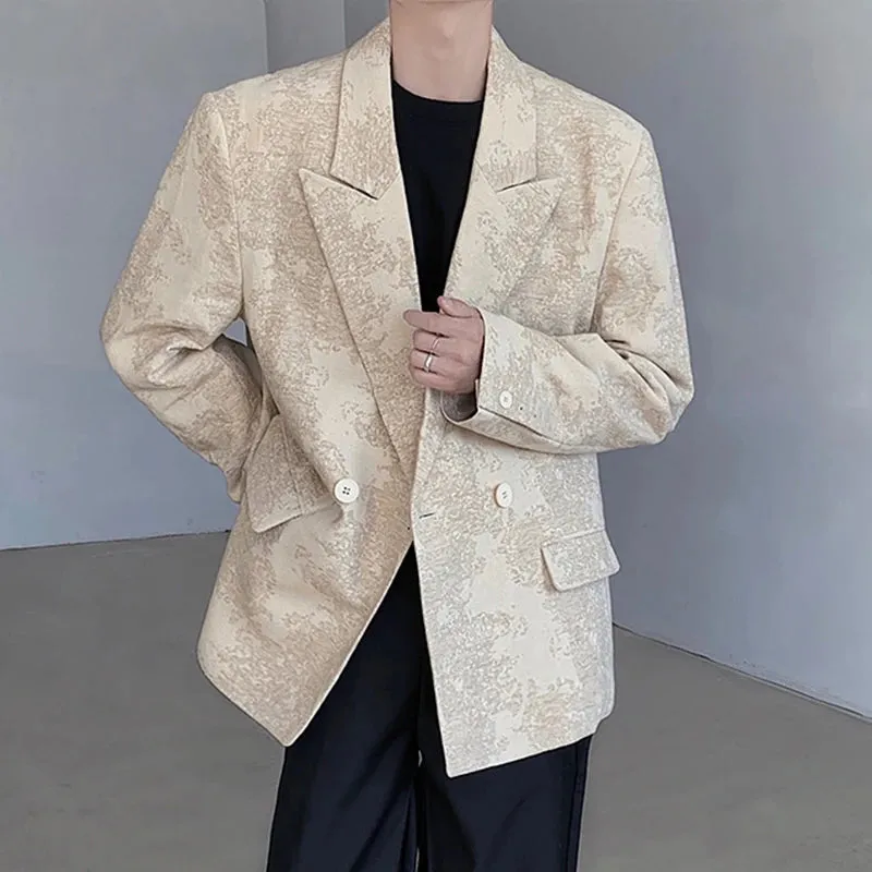 Spring Jacquard Suit Men's Coat Loose Trendy Silhouette Long Sleeve Casual Luxury Korean Fashion Apricot Blazer X8231