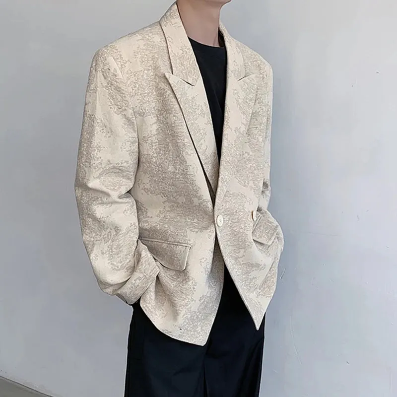 Spring Jacquard Suit Men's Coat Loose Trendy Silhouette Long Sleeve Casual Luxury Korean Fashion Apricot Blazer X8231