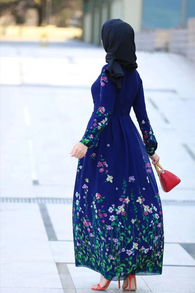 Spring Modest Dress - Floral Meadow Crepe Maxi Dress with Flared Sleeves