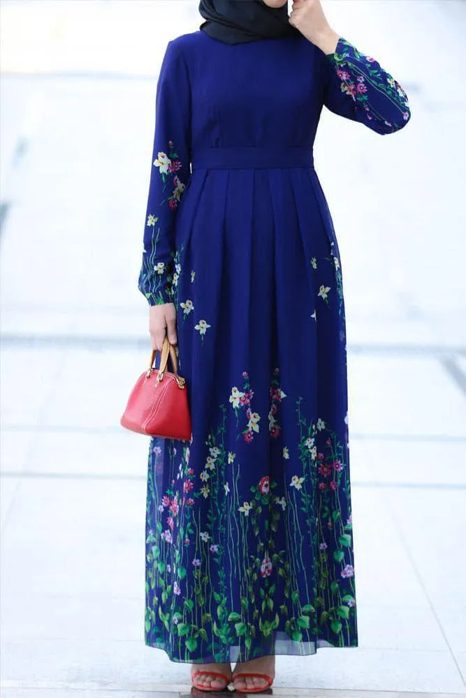 Spring Modest Dress - Floral Meadow Crepe Maxi Dress with Flared Sleeves