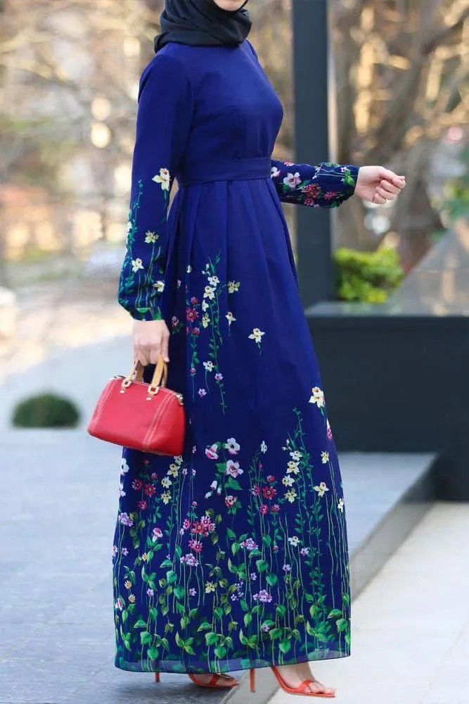 Spring Modest Dress - Floral Meadow Crepe Maxi Dress with Flared Sleeves