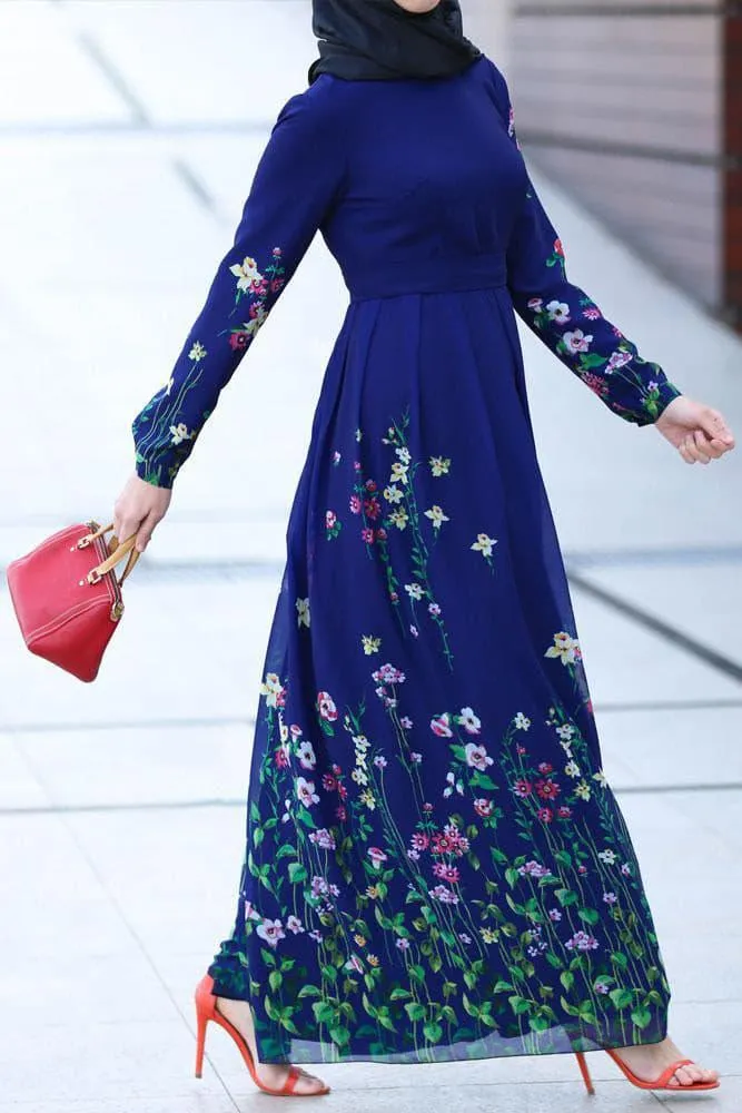 Spring Modest Dress - Floral Meadow Crepe Maxi Dress with Flared Sleeves