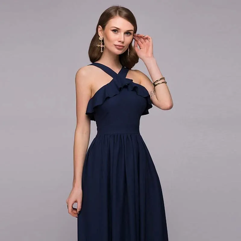 Spring new dress long hanging neck dress Slim evening fashion halter dress