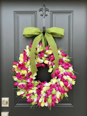 Spring Pink and Green Tulip Wreath for Front Door