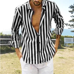 Spring Summer Men's Cotton Linen Striped Button Shirt