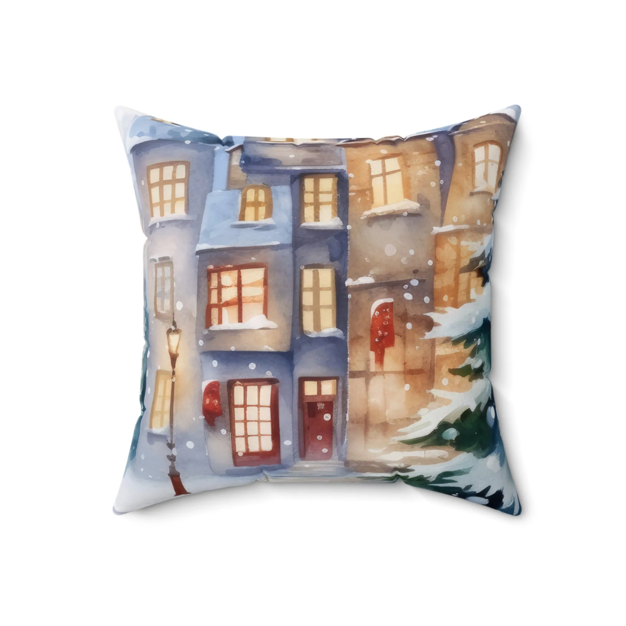 Spun Polyester Square Pillow, Winter Scene Cushion