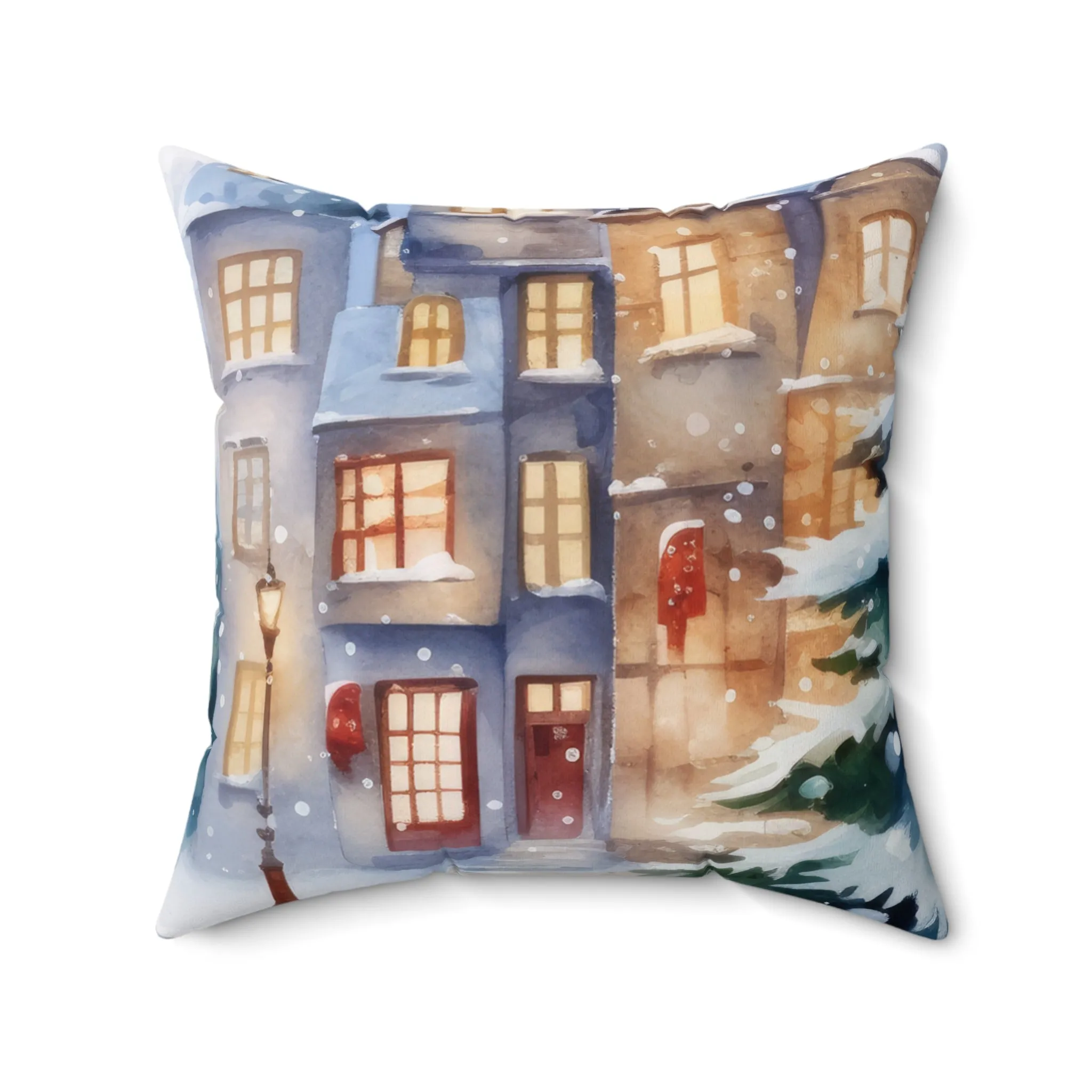 Spun Polyester Square Pillow, Winter Scene Cushion