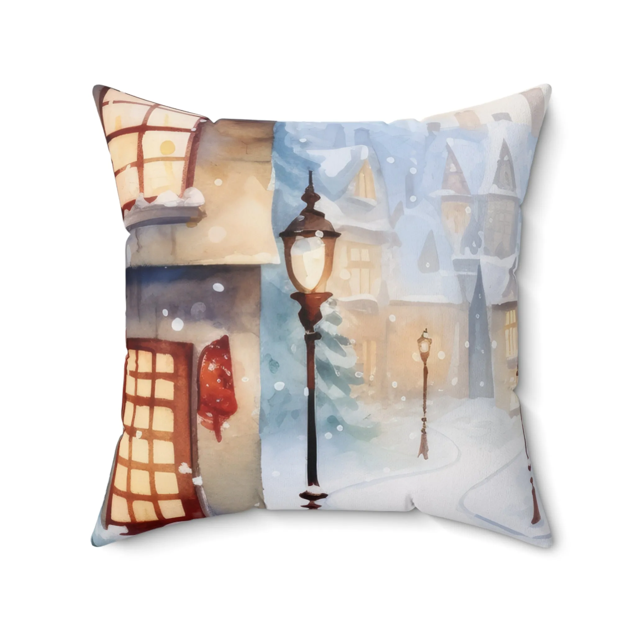 Spun Polyester Square Pillow, Winter Scene Cushion