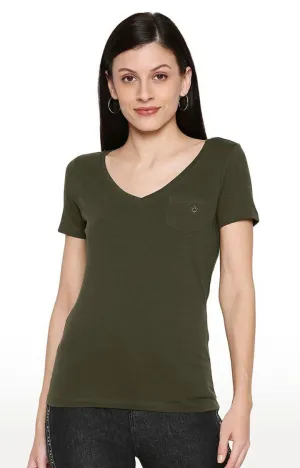 Spykar Cotton Green Solid T-Shirt