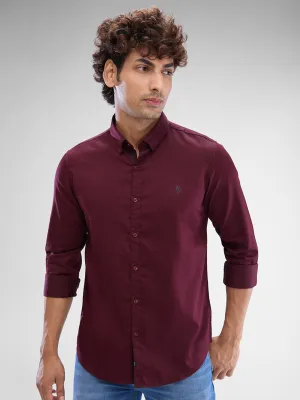 Spykar Deep Wine Red Satin Full Sleeve Raised Collar Shirt For Men