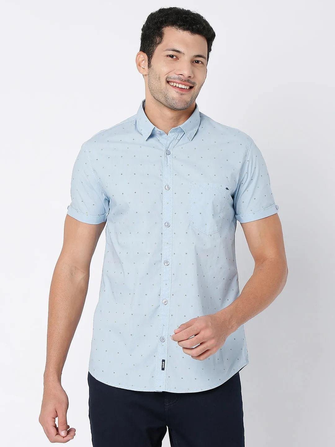 Spykar Men Blue Cotton Half Sleeve Printed Shirt