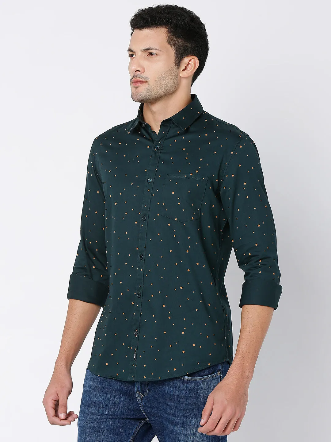 Spykar Men Bottle Green Cotton Full Sleeve Printed Shirt