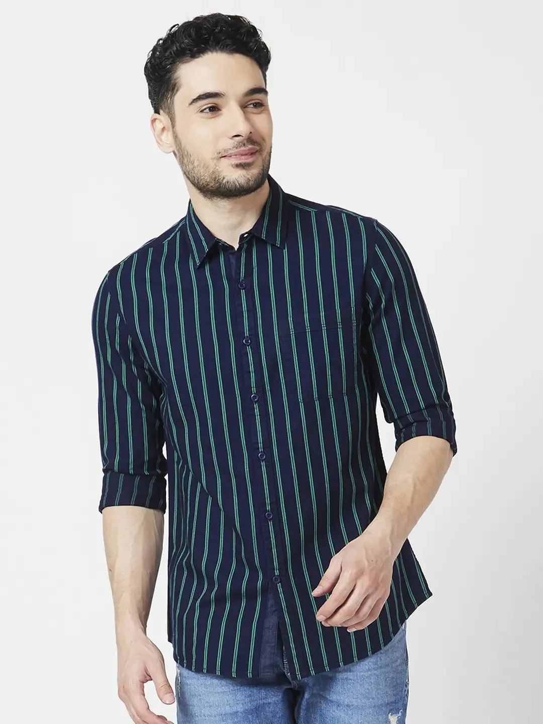 Spykar Men Jade Green Cotton Slim Fit Full Sleeve Striped Shirt