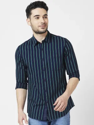 Spykar Men Jade Green Cotton Slim Fit Full Sleeve Striped Shirt