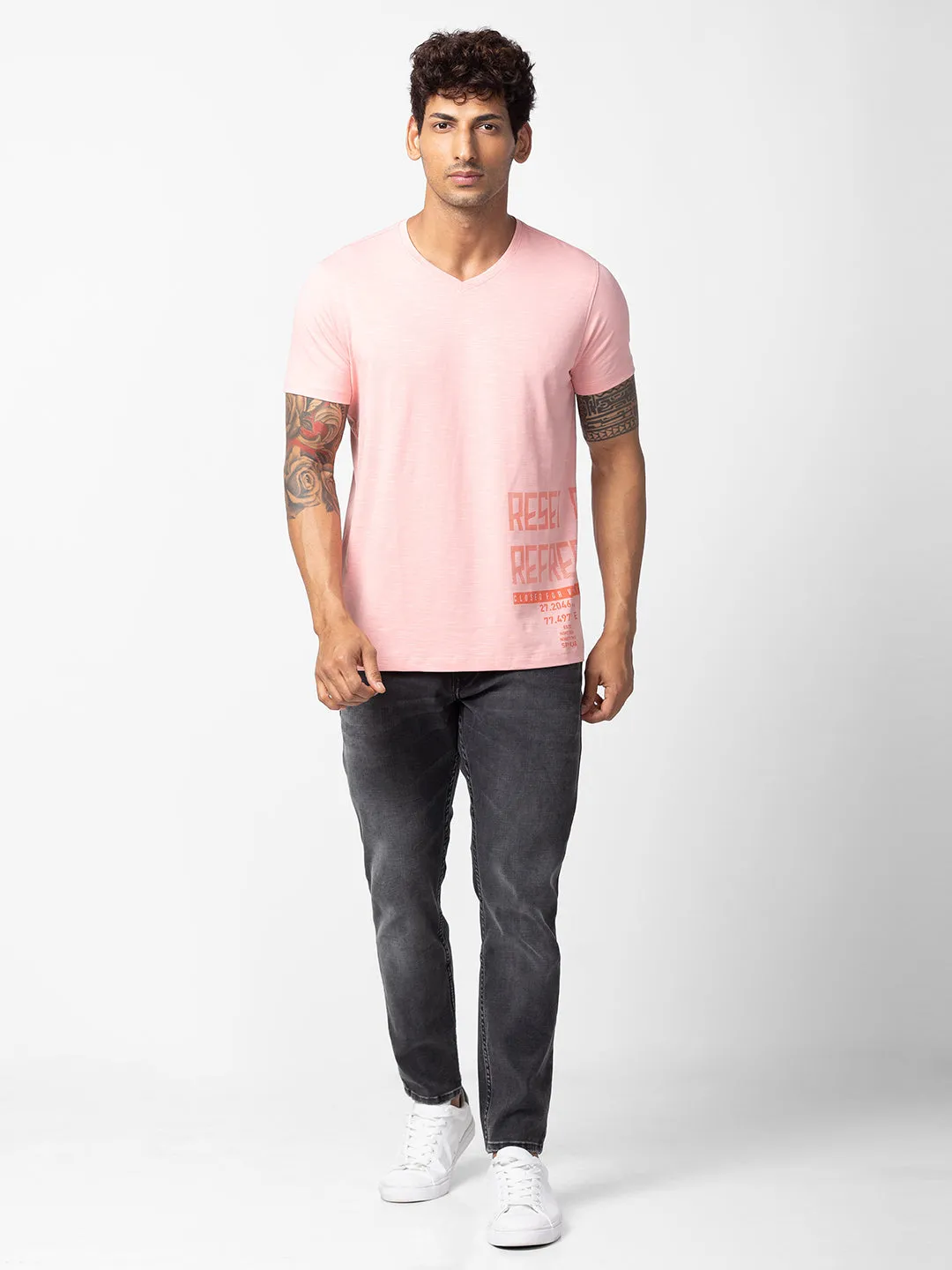 Spykar Men Pink Cotton Regular Fit Half Sleeve Printed T-Shirt