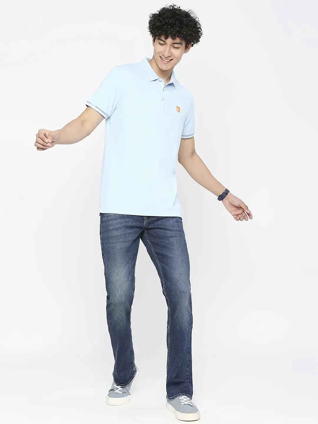 Spykar Men Powder Blue Cotton Slim Fit Polo Neck Plain T-Shirt