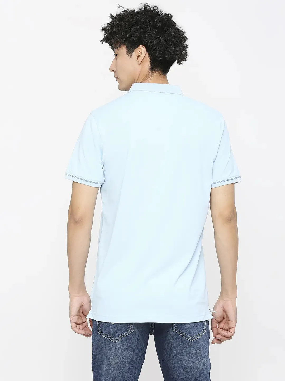 Spykar Men Powder Blue Cotton Slim Fit Polo Neck Plain T-Shirt