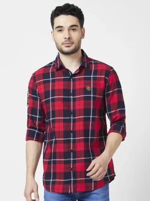 Spykar Men Red Cotton Regular Slim Fit Full Sleeve Checkered Shirt