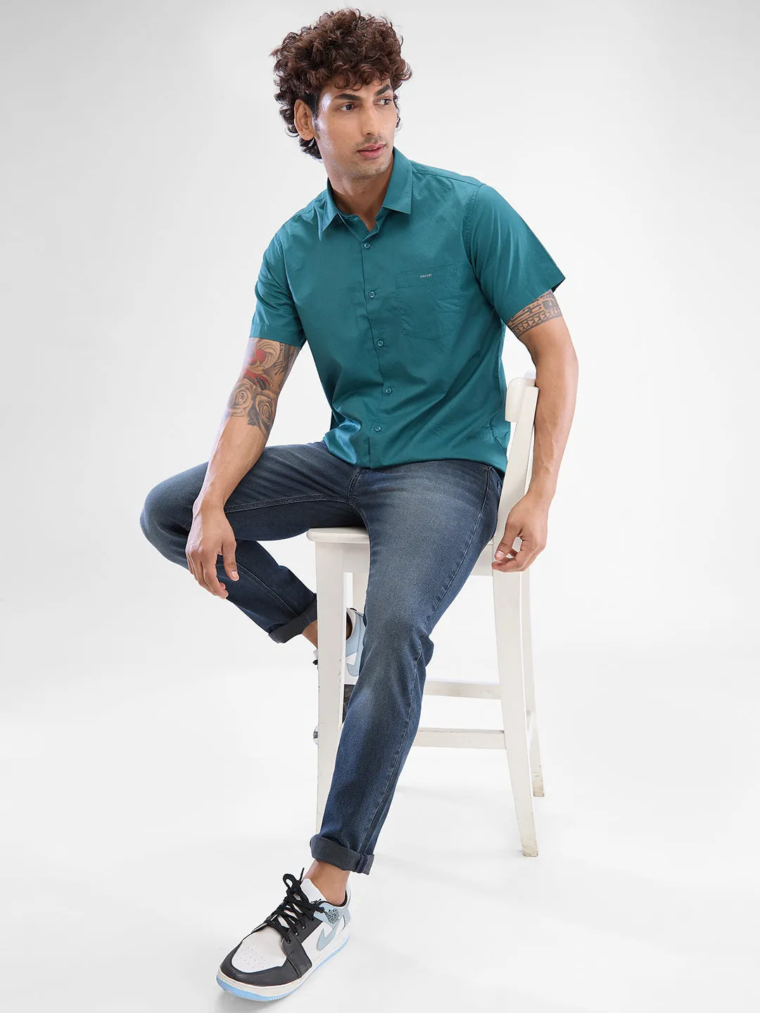 Spykar Teal Green Cotton Half Sleeve Raised Collar Shirt For Men