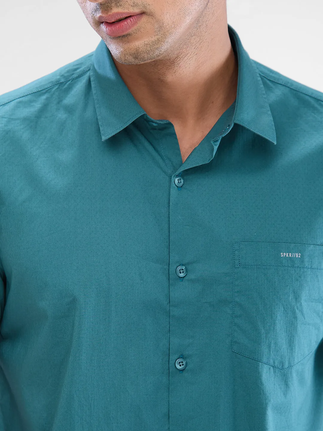 Spykar Teal Green Cotton Half Sleeve Raised Collar Shirt For Men