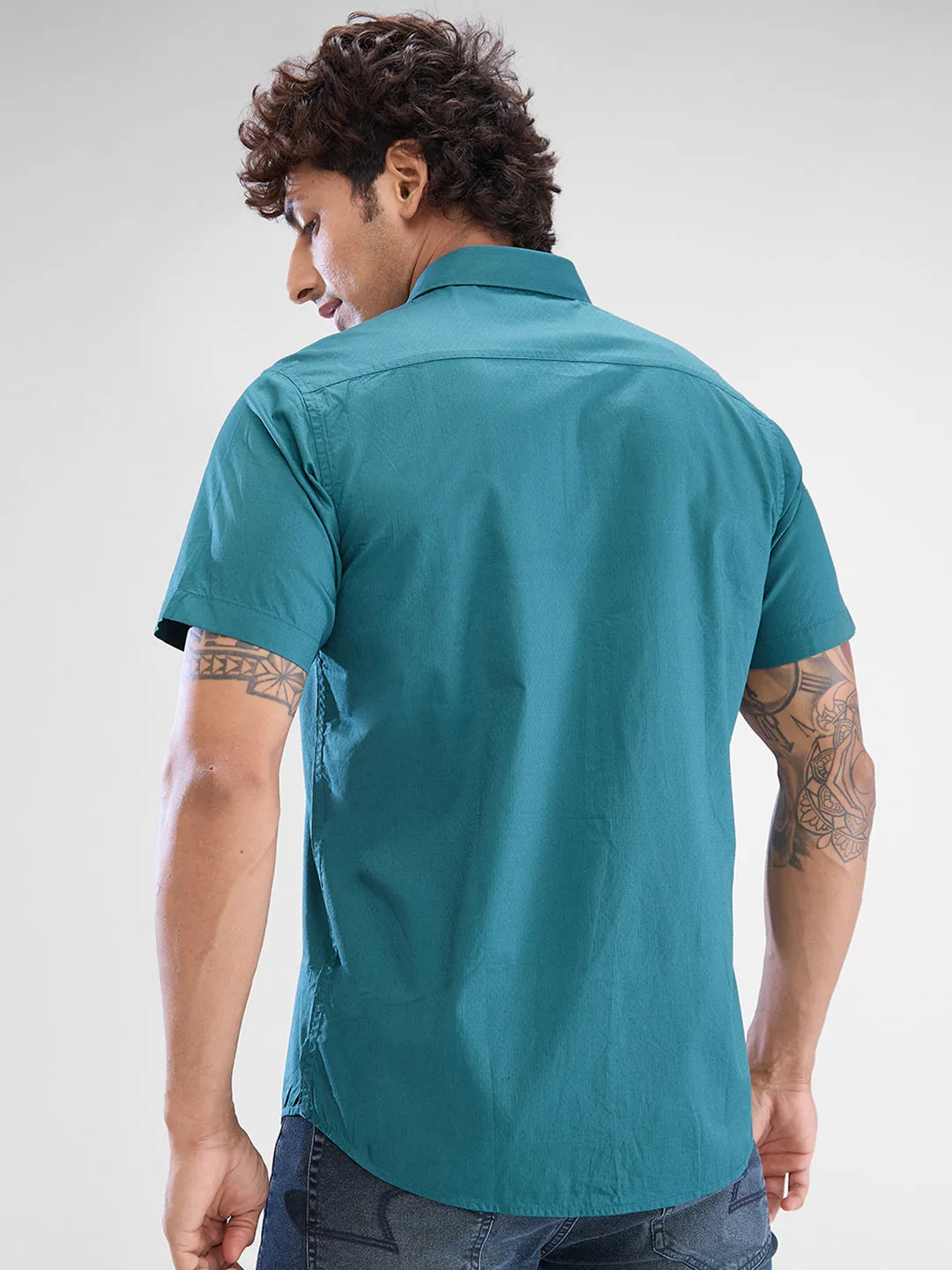 Spykar Teal Green Cotton Half Sleeve Raised Collar Shirt For Men