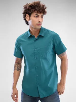 Spykar Teal Green Cotton Half Sleeve Raised Collar Shirt For Men