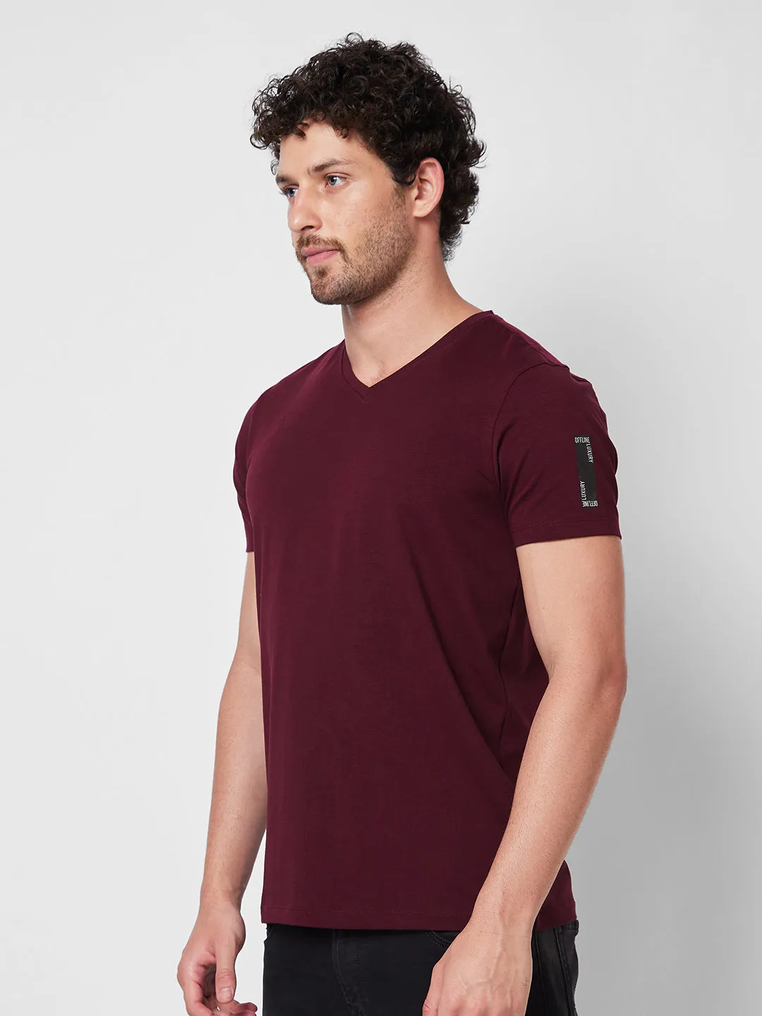 Spykar V NECK HALF SLEEVES Red T-shirt  For Men