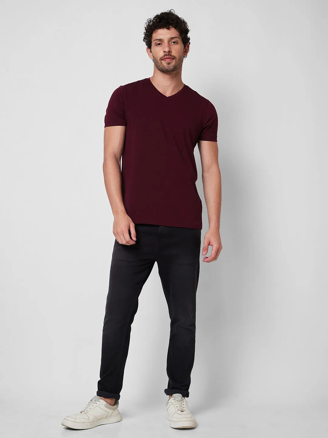 Spykar V NECK HALF SLEEVES Red T-shirt  For Men