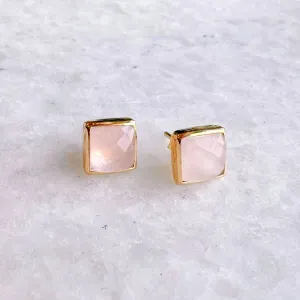 Square Gold Stone Stud Earrings: Rose quartz