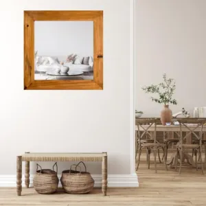 Square Shaped Brown Wooden Mirror Handmade Wall Mounted Mirror with Antique Frame Square Wooden Wall Mirror for Living Room Home Mirror for Wall Decoration, Framed 24'' inches