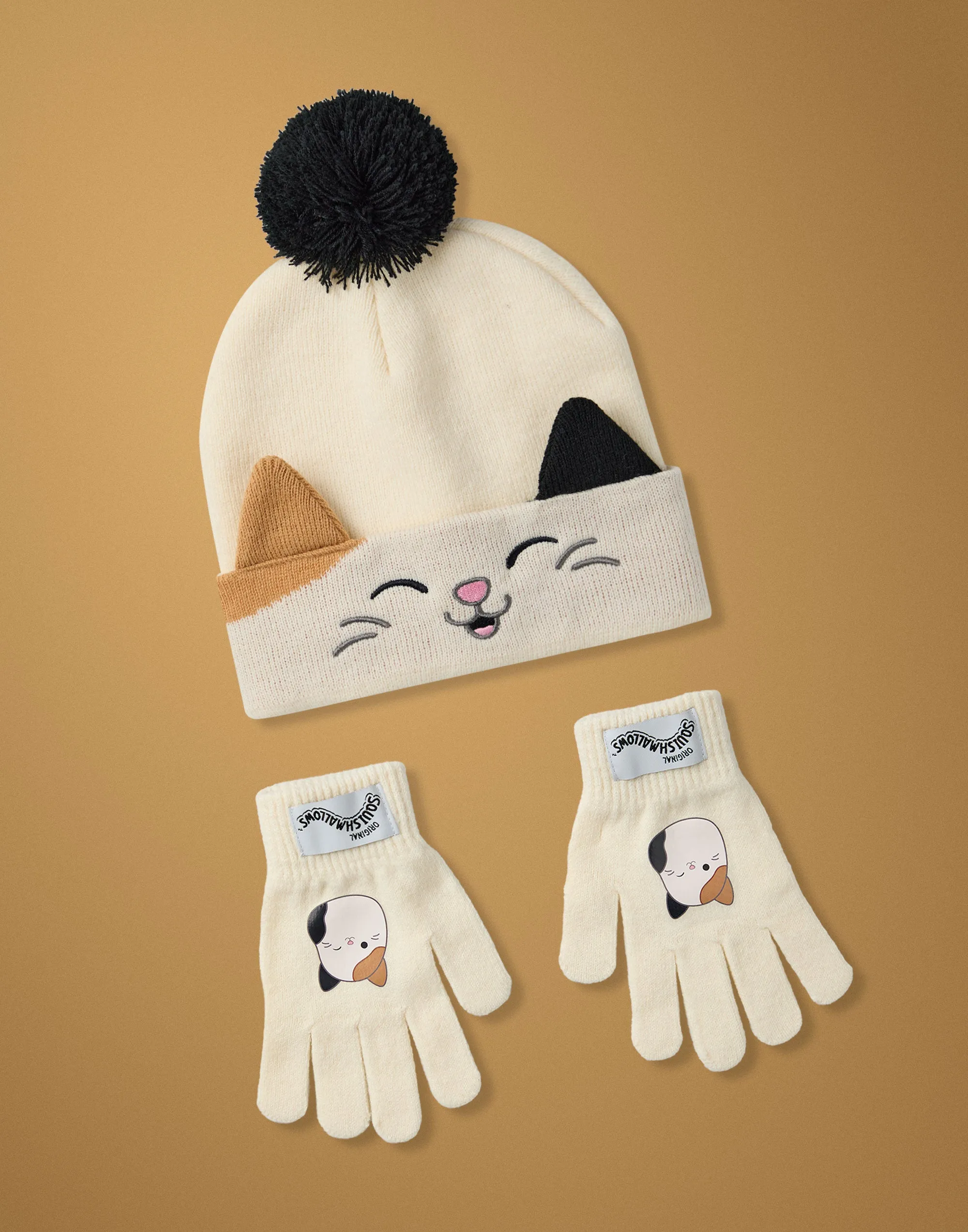 Squishmallows Cam The Cat Girls Beige Beanie and Gloves Set