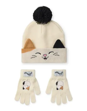 Squishmallows Cam The Cat Girls Beige Beanie and Gloves Set