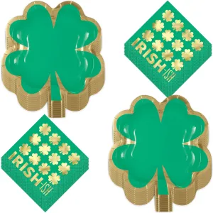 St. Patrick's Day Party Charming Green & Gold Shamrock-Shaped 8 Inch Paper Plates and Irish-ish Beverage Napkins (Serves 16)