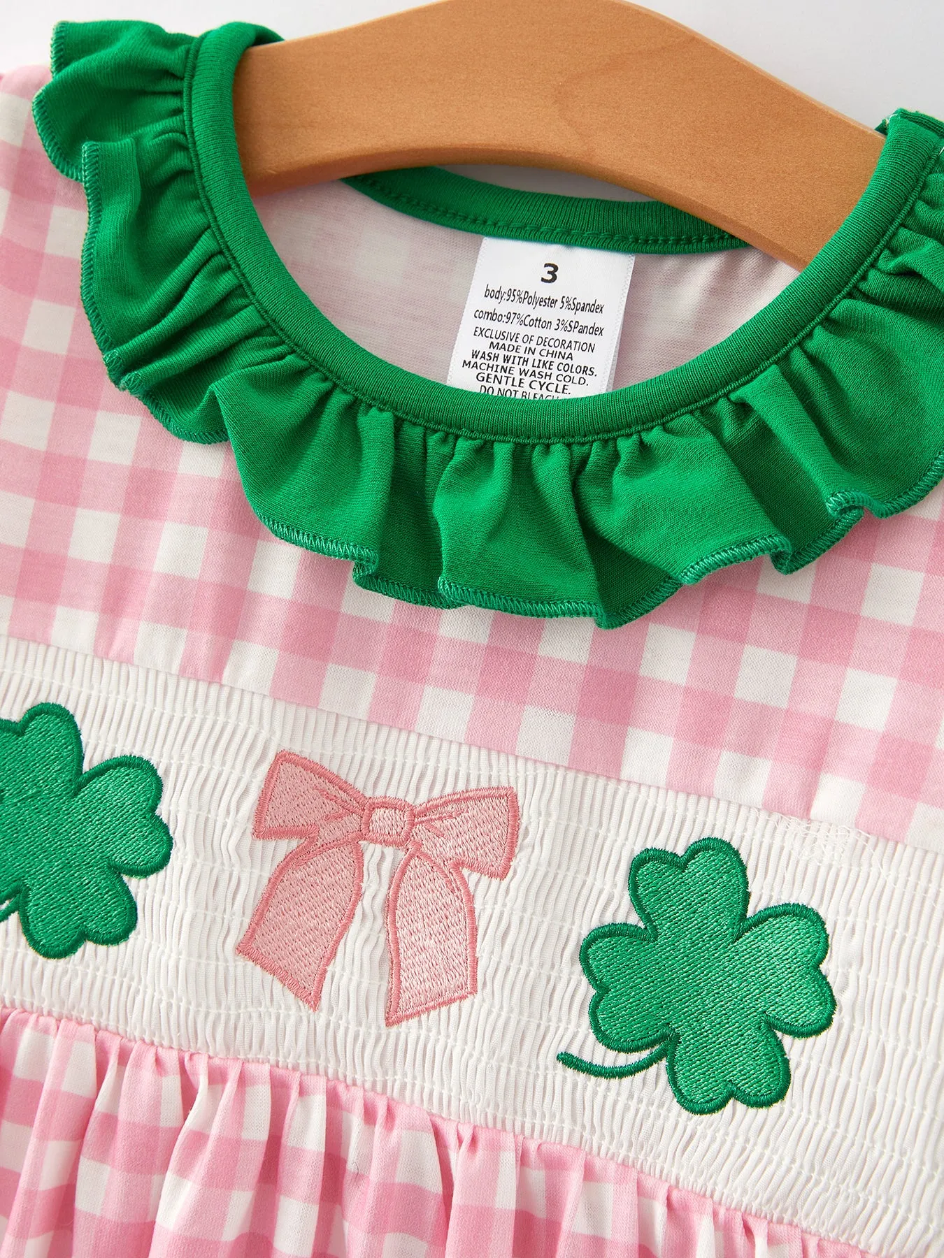 St. Patrick's Day Smocking 4-leaf Clover Plaid Bow Embroidered Dress