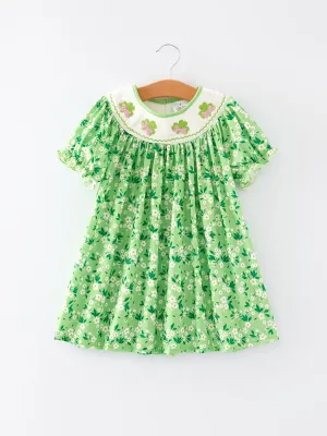 St. Patrick's Day Smocking  Clover Plaid Bow Embroidered Dress