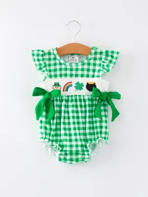 St. Patrick's Day Smocking Embroidered Plaid Baby Girls Romper