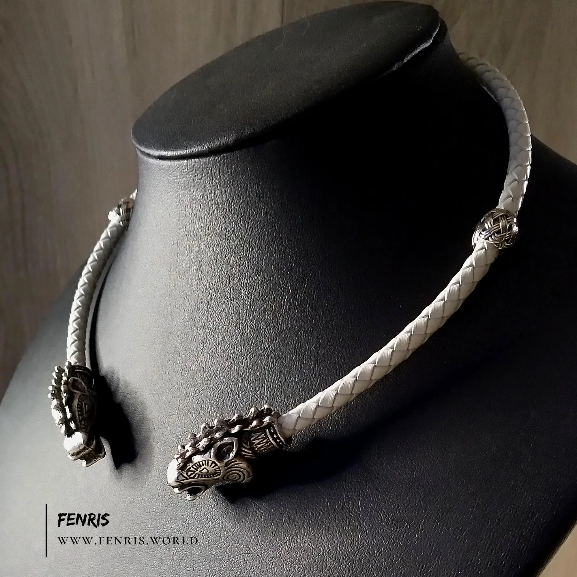 Stag Torc Necklace White Leather Wedding Silver - Fenris