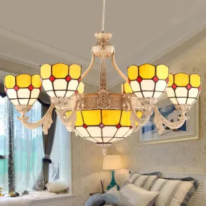 Stained Glass Baroque Chandelier - 9/11 Light Yellow/Blue Pendant Fixture for Living Room