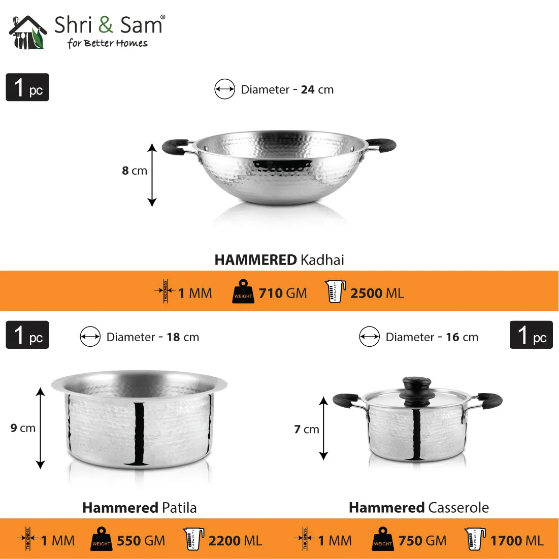 Stainless Steel 3 PCS Light Weight Hammered Cookware Set