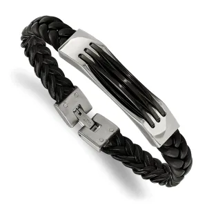 Stainless Steel & Black Leather Bracelet