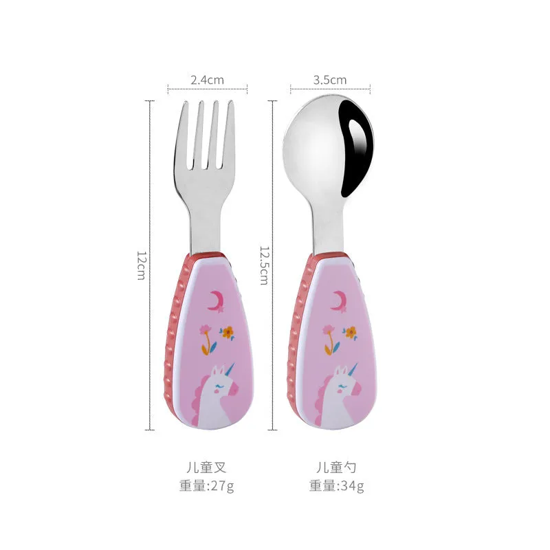 Stainless Steel Children's Small Spoon Cartoon Pattern Baby Feeding Spoon Fork Portable