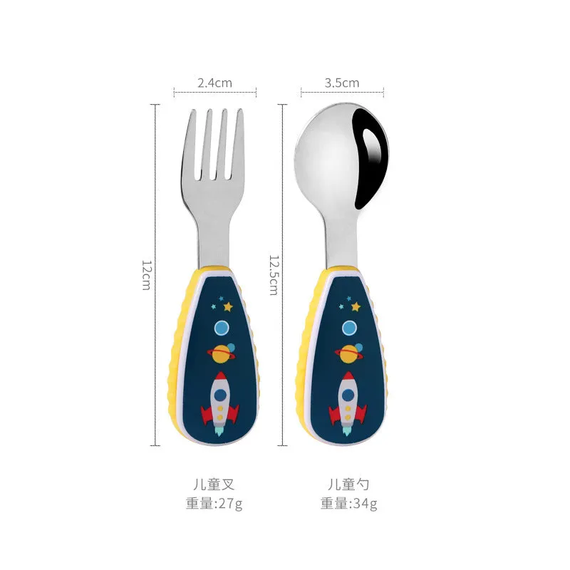 Stainless Steel Children's Small Spoon Cartoon Pattern Baby Feeding Spoon Fork Portable