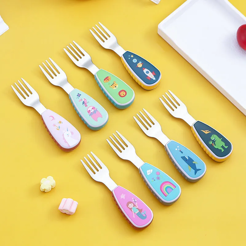 Stainless Steel Children's Small Spoon Cartoon Pattern Baby Feeding Spoon Fork Portable