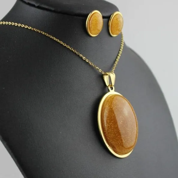 Stainless Steel Jewelry Egg Shape Special Resin Stone Jewelry Sets for Women in Gold Color