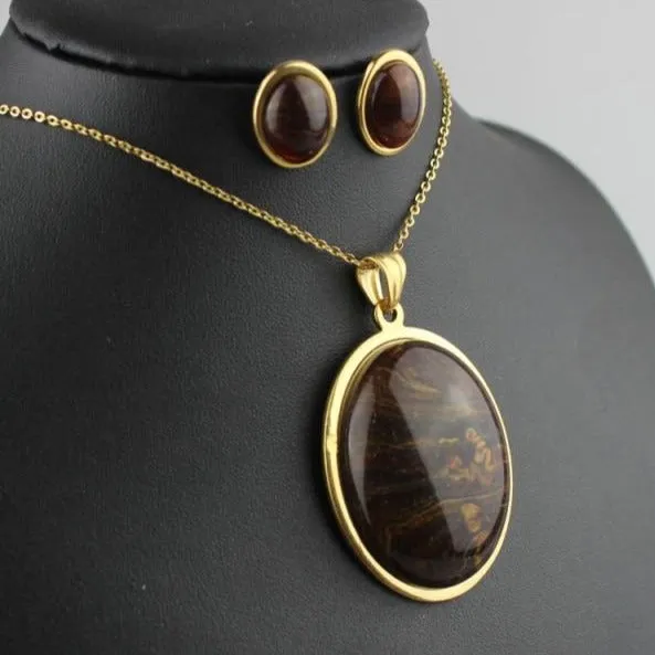 Stainless Steel Jewelry Egg Shape Special Resin Stone Jewelry Sets for Women in Gold Color